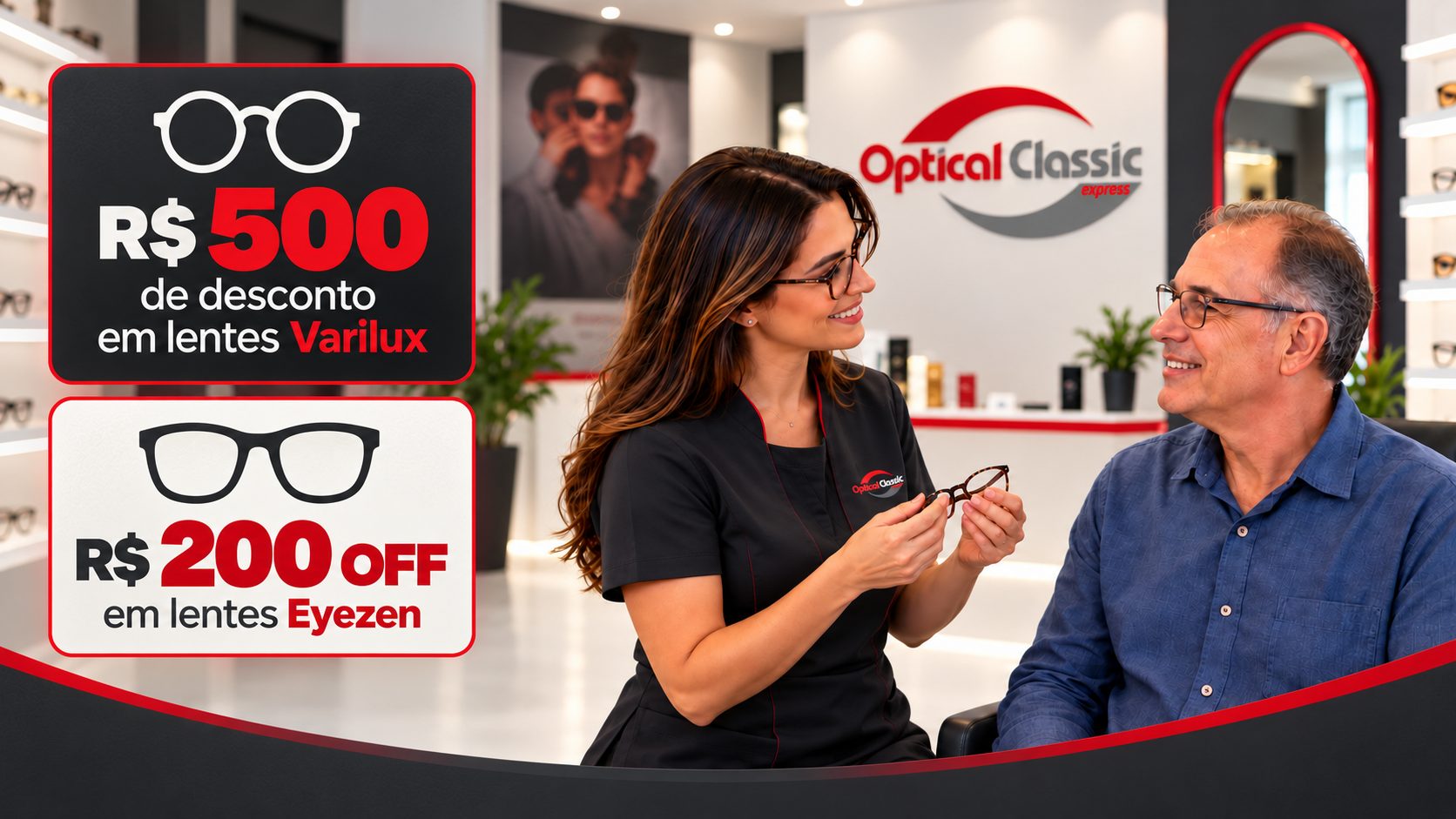Consultora da Optical Classic mostrando uma armação a um cliente dentro da loja. R$ 500 de desconto em lentes Varilux e R$ 200 off em lentes Eyezen.